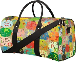 Colorful Letters And Circles Travel Duffel Bag, Foldable Sport Gym Tote Bag, Waterproof Weekender Overnight Bag with Shoulder Strap, Carry On Luggage Handbag for Men and Women