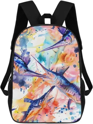 Colorful Marlin Sailfish Watercolor Classic 17 Inch Backpack Travel Daypack Casual Shoulder Bag with Adjustable Strap for Men And Women