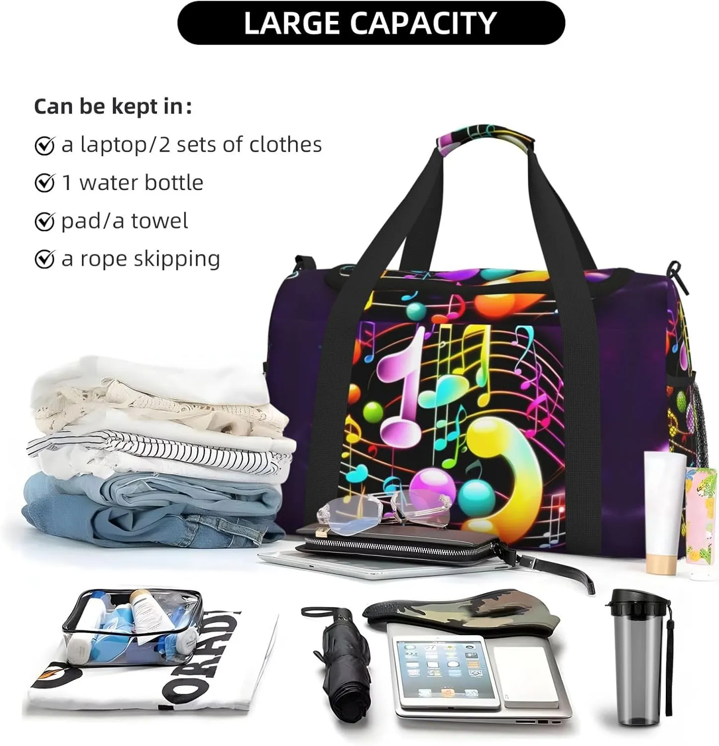 Colorful Musical Note Travel Duffel Bag With Zippers And Handles, Big Foldable Duffle Bag For Family Vacations