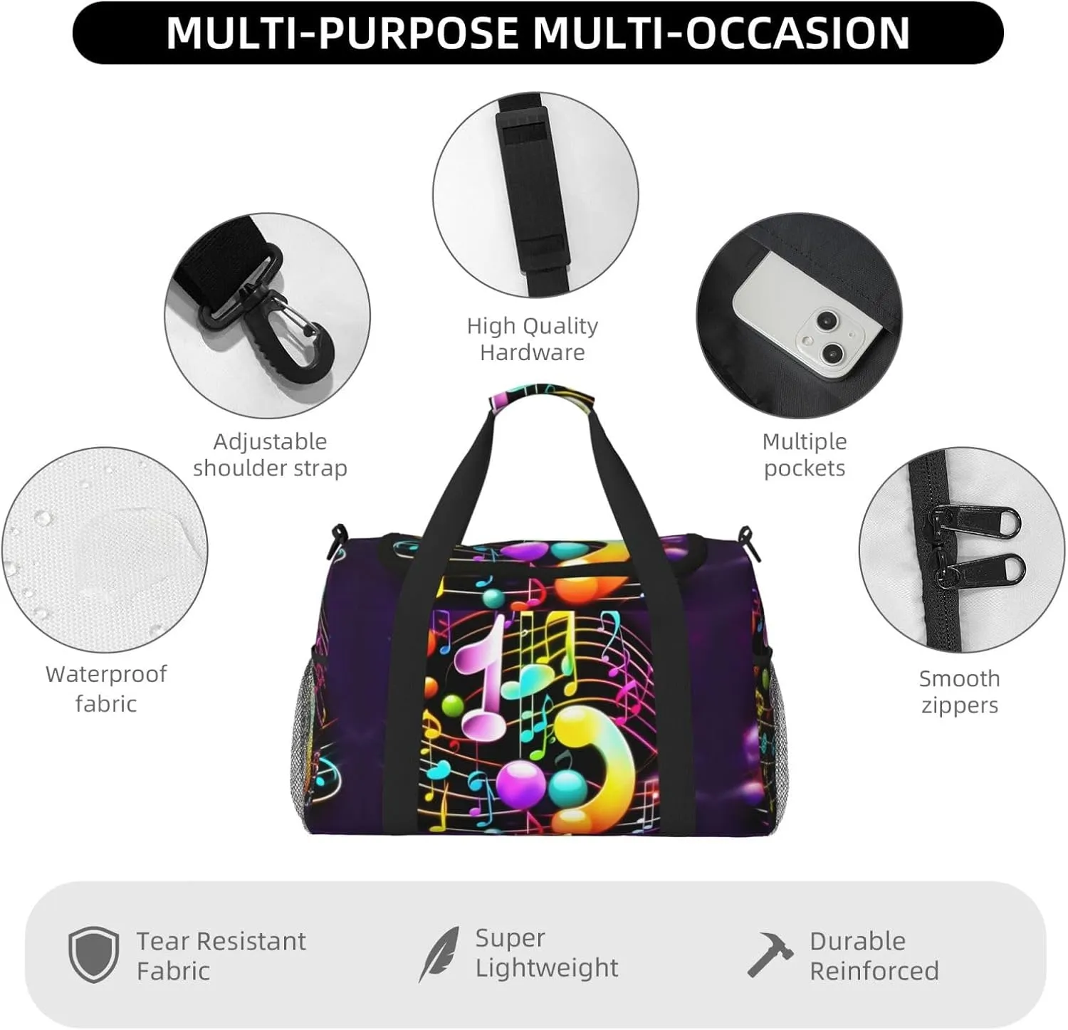 Colorful Musical Note Travel Duffel Bag With Zippers And Handles, Big Foldable Duffle Bag For Family Vacations
