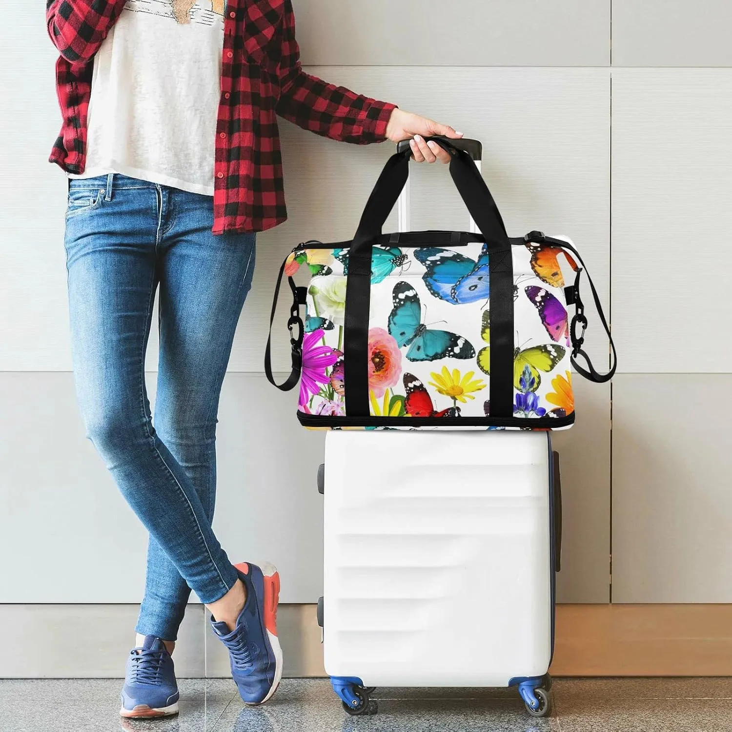 Colorful Nature Beautiful Flowers and Butterflies on White Foldable Travel Bag, Camping Luggage bag, Portable Gym Bag, Sports Bag, Toiletry Bag with Handles Adjustable Shoulder Strap