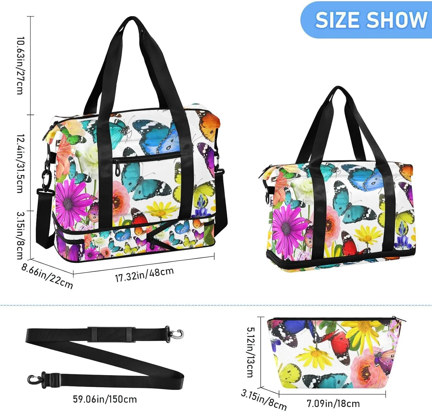 Colorful Nature Beautiful Flowers and Butterflies on White Foldable Travel Bag, Camping Luggage bag, Portable Gym Bag, Sports Bag, Toiletry Bag with Handles Adjustable Shoulder Strap