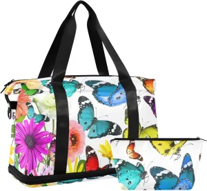 Colorful Nature Beautiful Flowers and Butterflies on White Foldable Travel Bag, Camping Luggage bag, Portable Gym Bag, Sports Bag, Toiletry Bag with Handles Adjustable Shoulder Strap