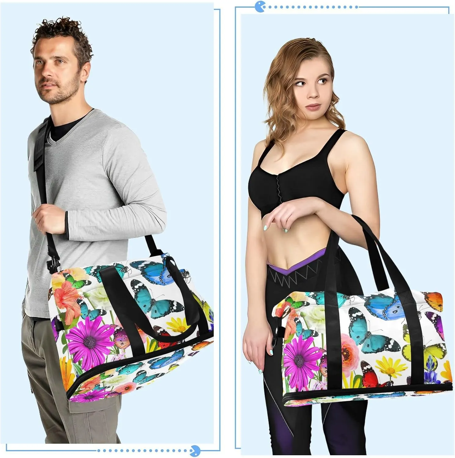 Colorful Nature Beautiful Flowers and Butterflies on White Foldable Travel Bag, Camping Luggage bag, Portable Gym Bag, Sports Bag, Toiletry Bag with Handles Adjustable Shoulder Strap