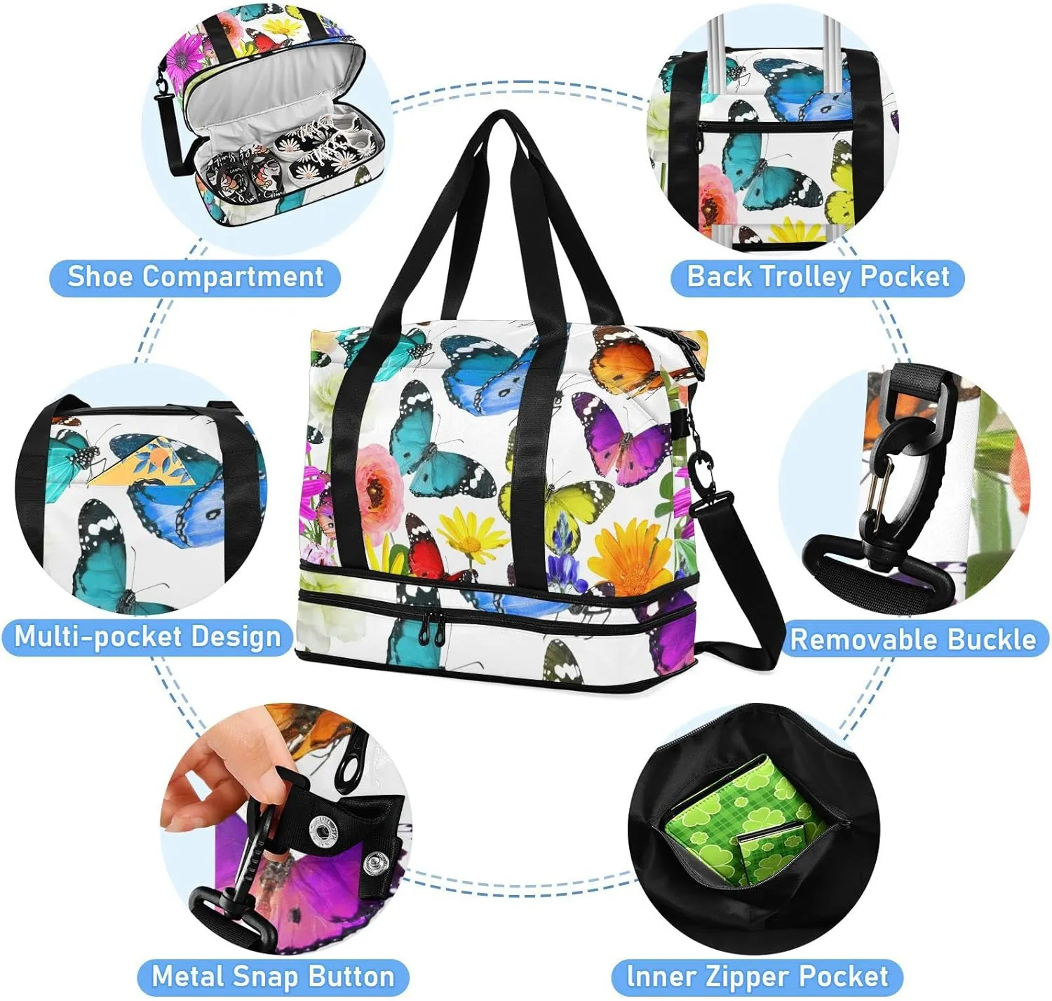 Colorful Nature Beautiful Flowers and Butterflies on White Foldable Travel Bag, Camping Luggage bag, Portable Gym Bag, Sports Bag, Toiletry Bag with Handles Adjustable Shoulder Strap