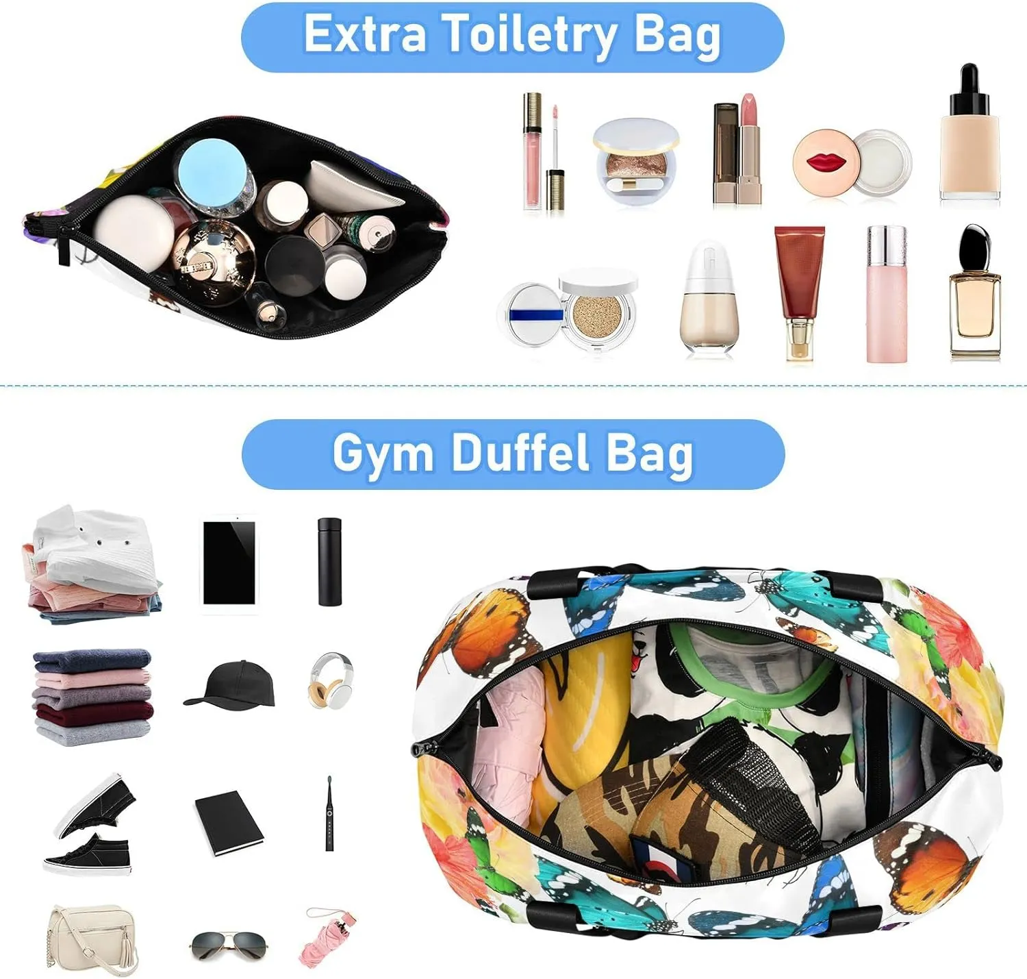 Colorful Nature Beautiful Flowers and Butterflies on White Foldable Travel Bag, Camping Luggage bag, Portable Gym Bag, Sports Bag, Toiletry Bag with Handles Adjustable Shoulder Strap