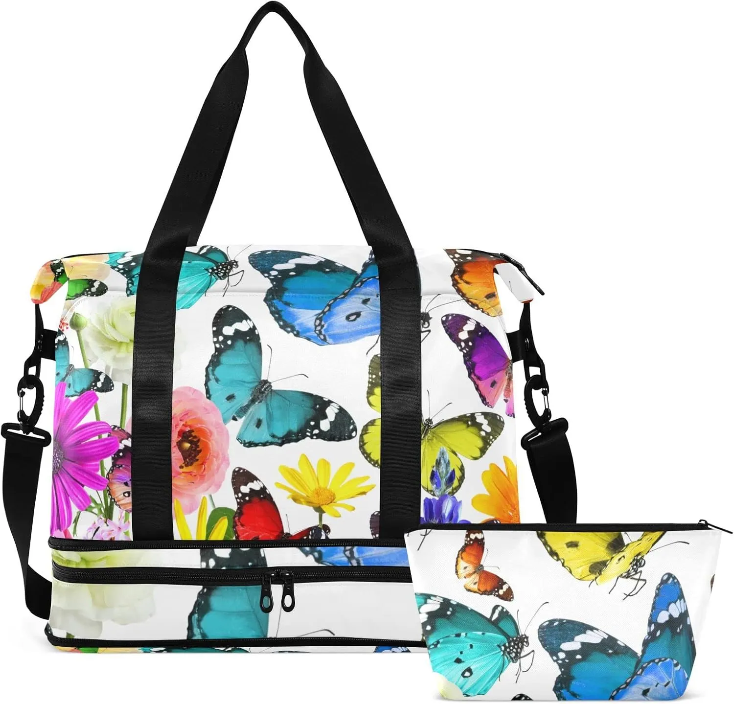 Colorful Nature Beautiful Flowers and Butterflies on White Foldable Travel Bag, Camping Luggage bag, Portable Gym Bag, Sports Bag, Toiletry Bag with Handles Adjustable Shoulder Strap