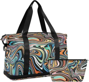 Colorful Neon Bright Colors Abstract Liquid Ink Paint Marble Gym Duffel Bag, Polyester Travel Weekender Luggage Handbag with Waterproof Pocket for Wet Items, Unisex Foldable Tote for Sports