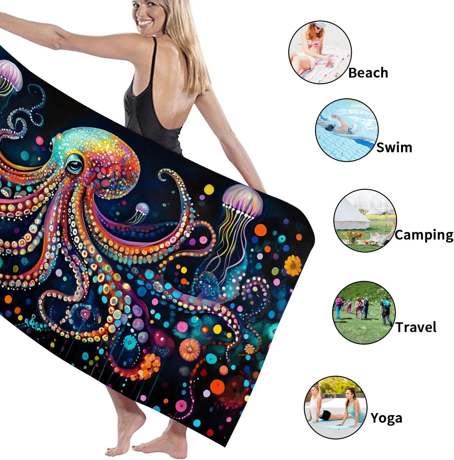 Colorful Octopus Beach Towel Vibrant Underwater Design Quick Dry Soft Microfiber Sand Free Lightweight Pool Picnic Essentials 62x31 Inch