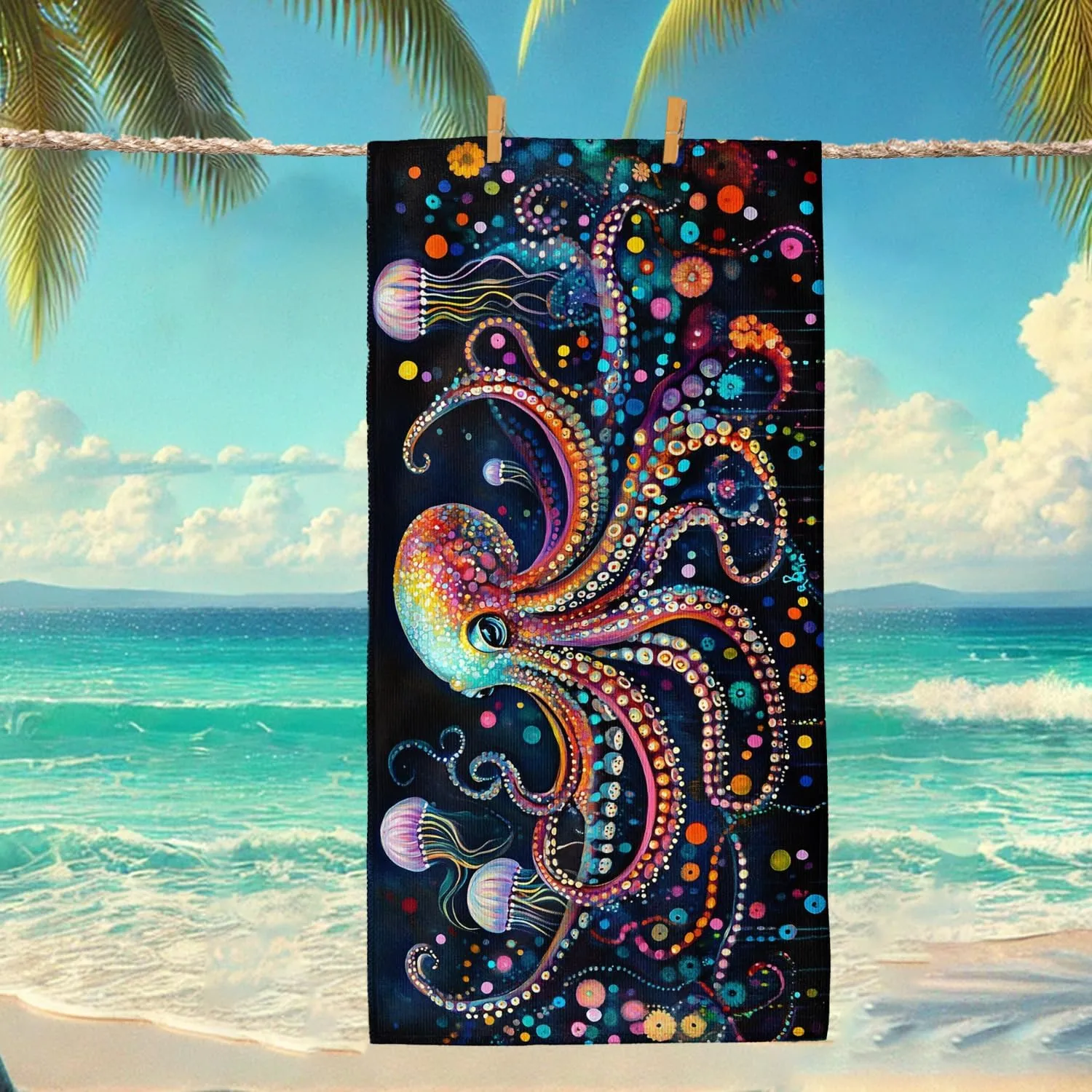 Colorful Octopus Beach Towel Vibrant Underwater Design Quick Dry Soft Microfiber Sand Free Lightweight Pool Picnic Essentials 62x31 Inch