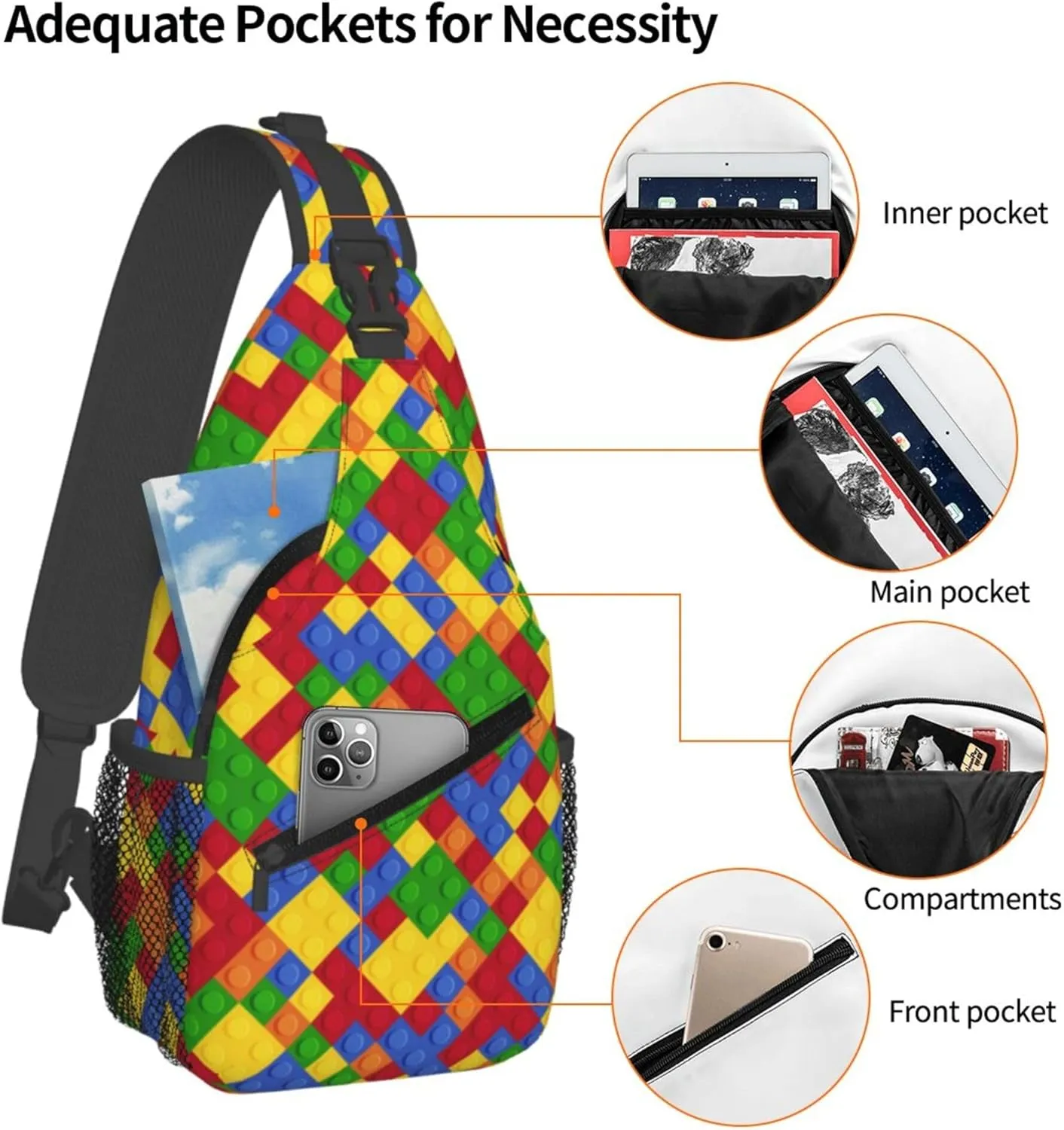 Colorful Puzzle Pattern Sling Backpack Crossbody Bag, Chest Bag Daypack for Outdoors Hiking Traveling