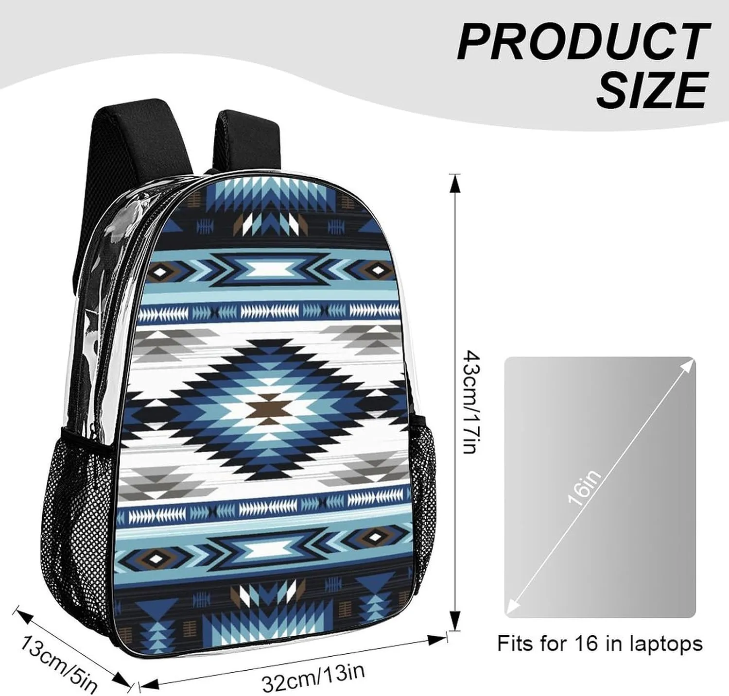 Colorful Tribe Navajo Aztec Geometry Transparent Fashion Waterproof PVC Transparent Backpack Unisex 17 Inches