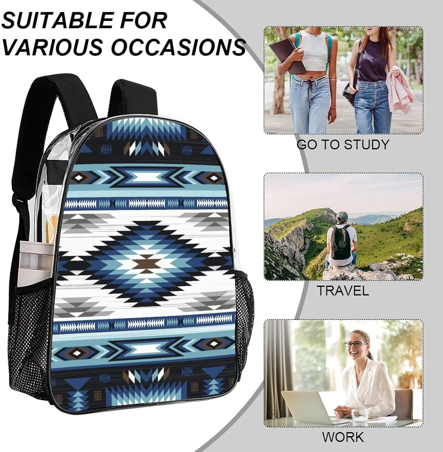 Colorful Tribe Navajo Aztec Geometry Transparent Fashion Waterproof PVC Transparent Backpack Unisex 17 Inches