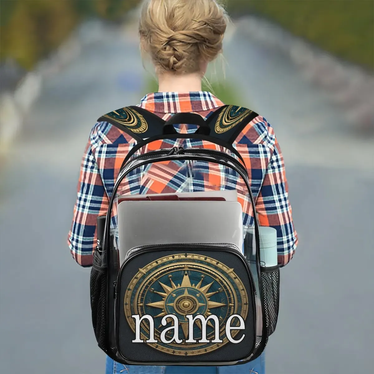 Compass Personalized Clear Backpack Custom Waterproof PVC Transparent Backpack with Name Heavy Duty Transparent Bag for Work Travel Concerts