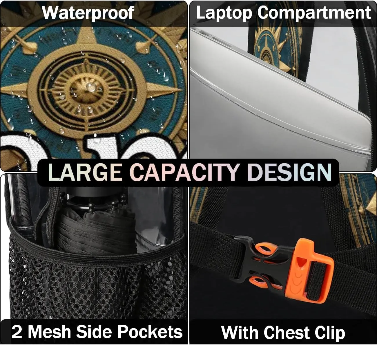 Compass Personalized Clear Backpack Custom Waterproof PVC Transparent Backpack with Name Heavy Duty Transparent Bag for Work Travel Concerts