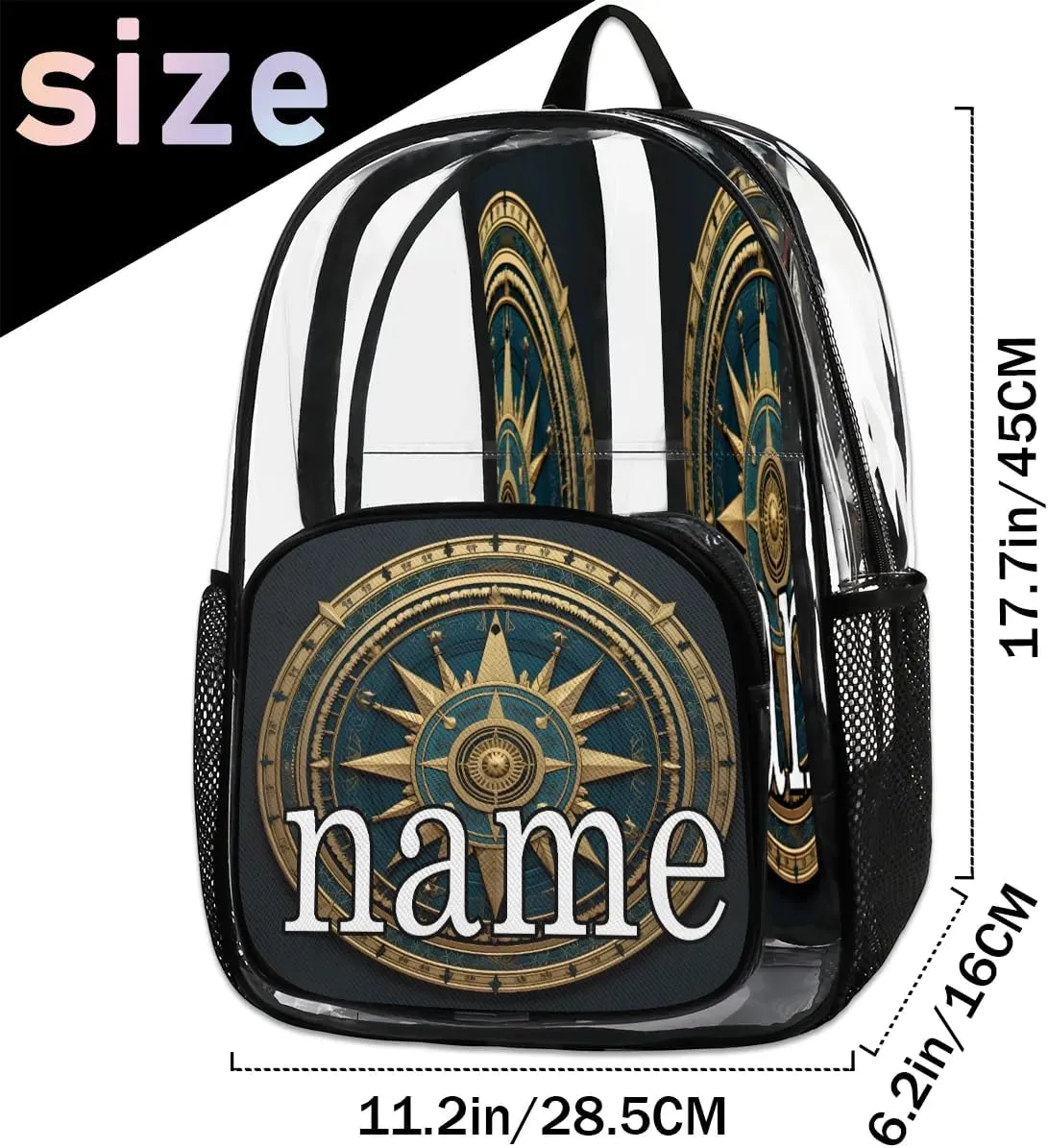 Compass Personalized Clear Backpack Custom Waterproof PVC Transparent Backpack with Name Heavy Duty Transparent Bag for Work Travel Concerts