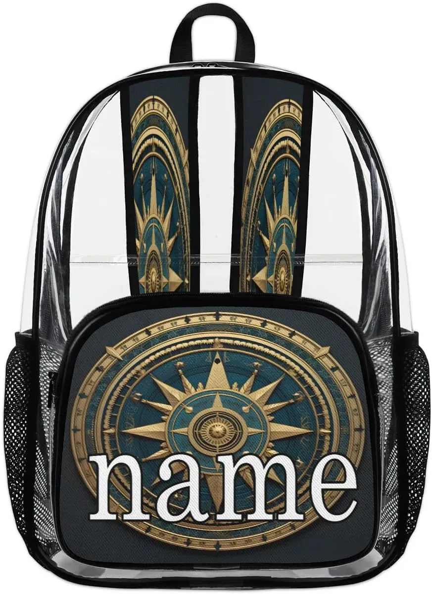 Compass Personalized Clear Backpack Custom Waterproof PVC Transparent Backpack with Name Heavy Duty Transparent Bag for Work Travel Concerts