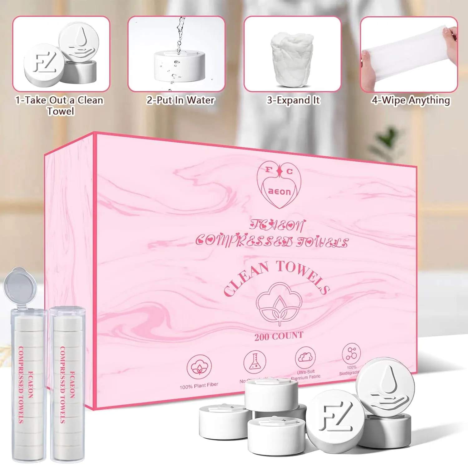 Compressed Towels, Ultra Soft Disposable Face Towel, Thicken Facial Washcloth, Large Dry Wipes for Makeup Remover, Sensitive Skin, Facial Cleansing, Nursing, Travel Gear(200 Count Pink)