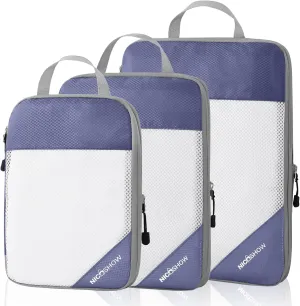 Compression Packing Cubes 3 Set, Compressible Space-Saving Packing Cubes for Travel - Compression Bags, Luggage Organizer, Travel Essentials for Women, Bluish Purple
