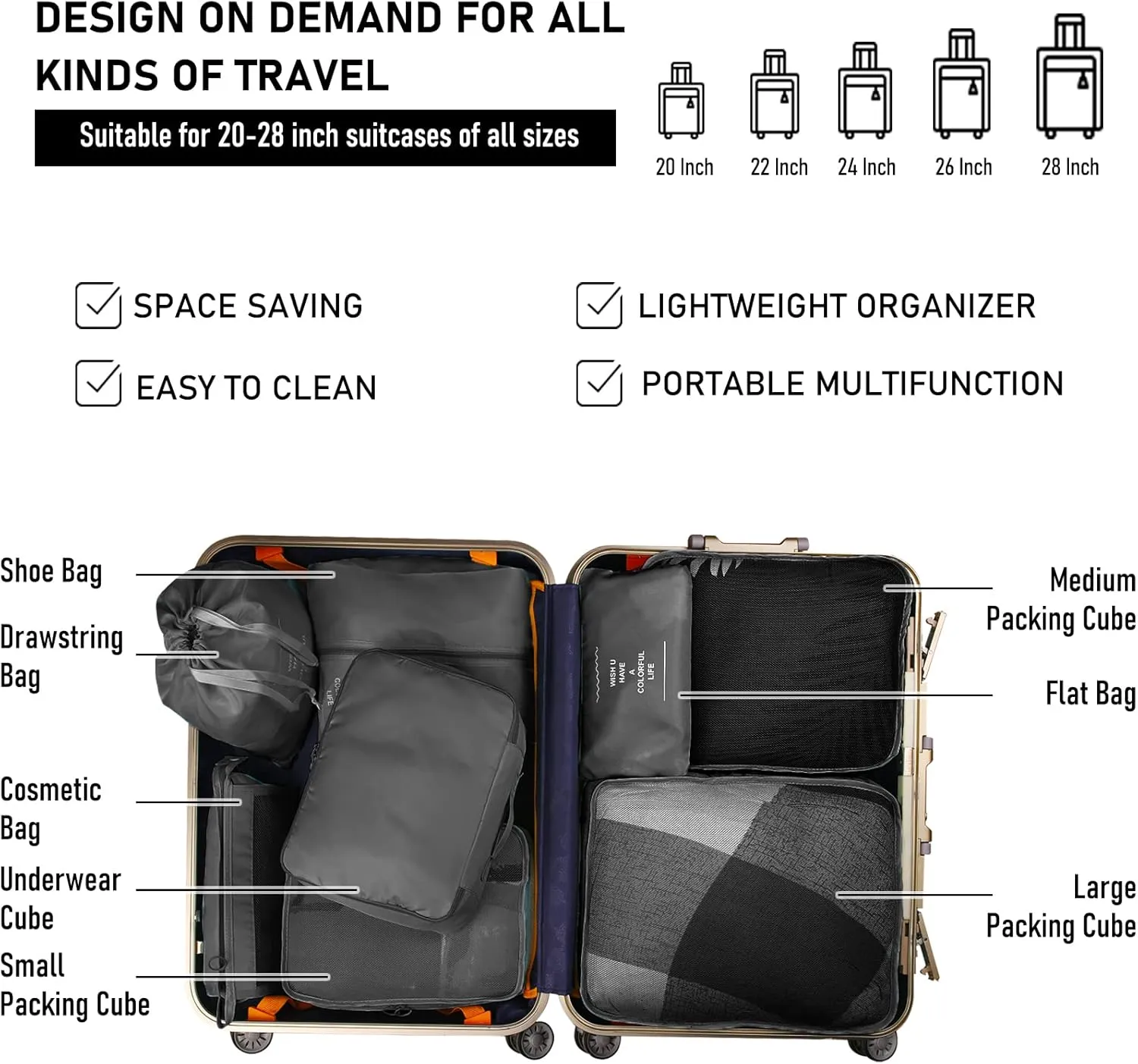Compression Packing Cubes for Suitcases, Travel Luggage Organizer with Shoe Bag, Toiletry Bag &  Travel Accessories Clothes Storage Bag（Set of 8)