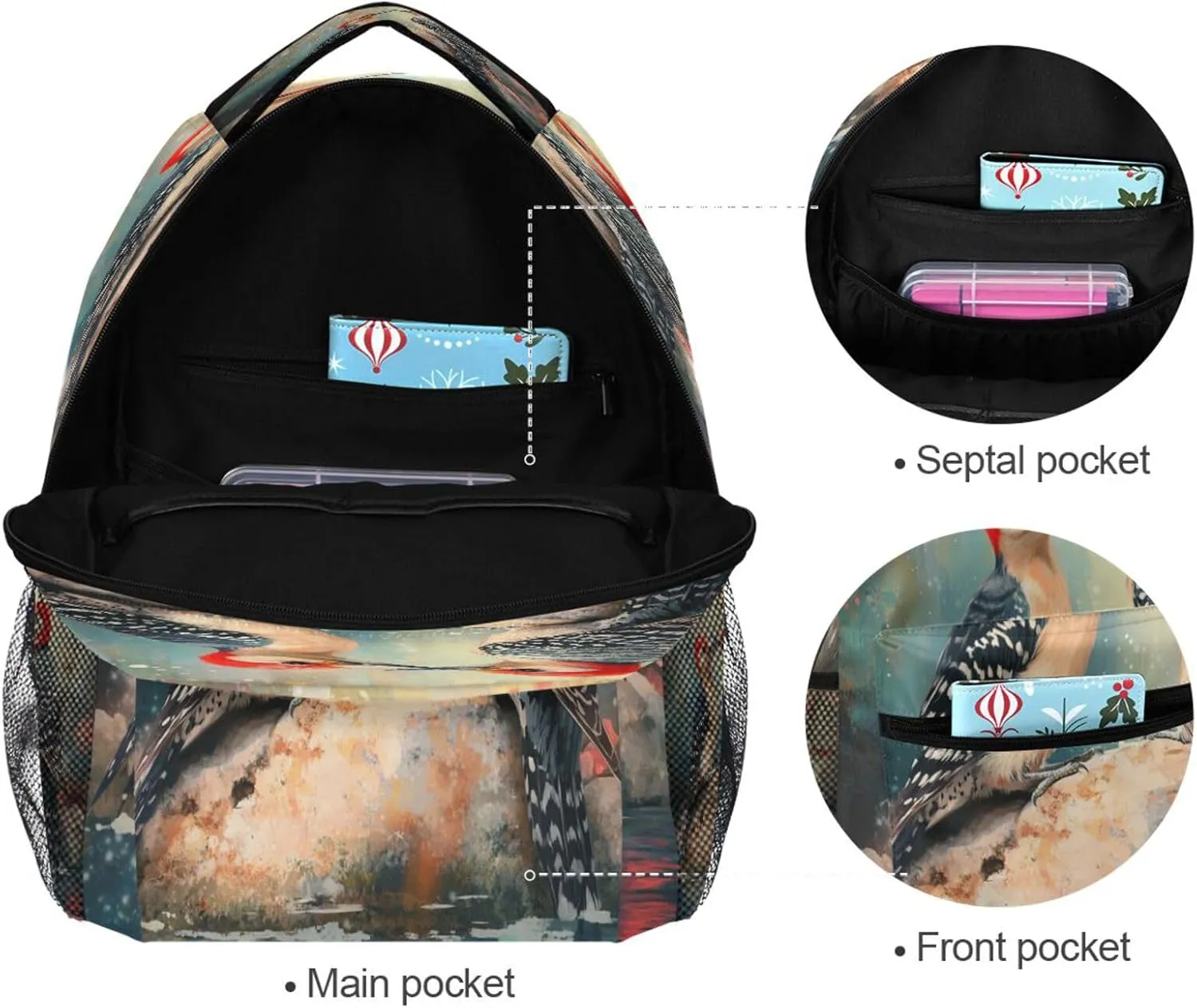 Cool Backpacks for Teenager Waterproof Laptop Bag with Chest Strap for Travel Trip Art Red - Bellied Woodpecker Birds A River