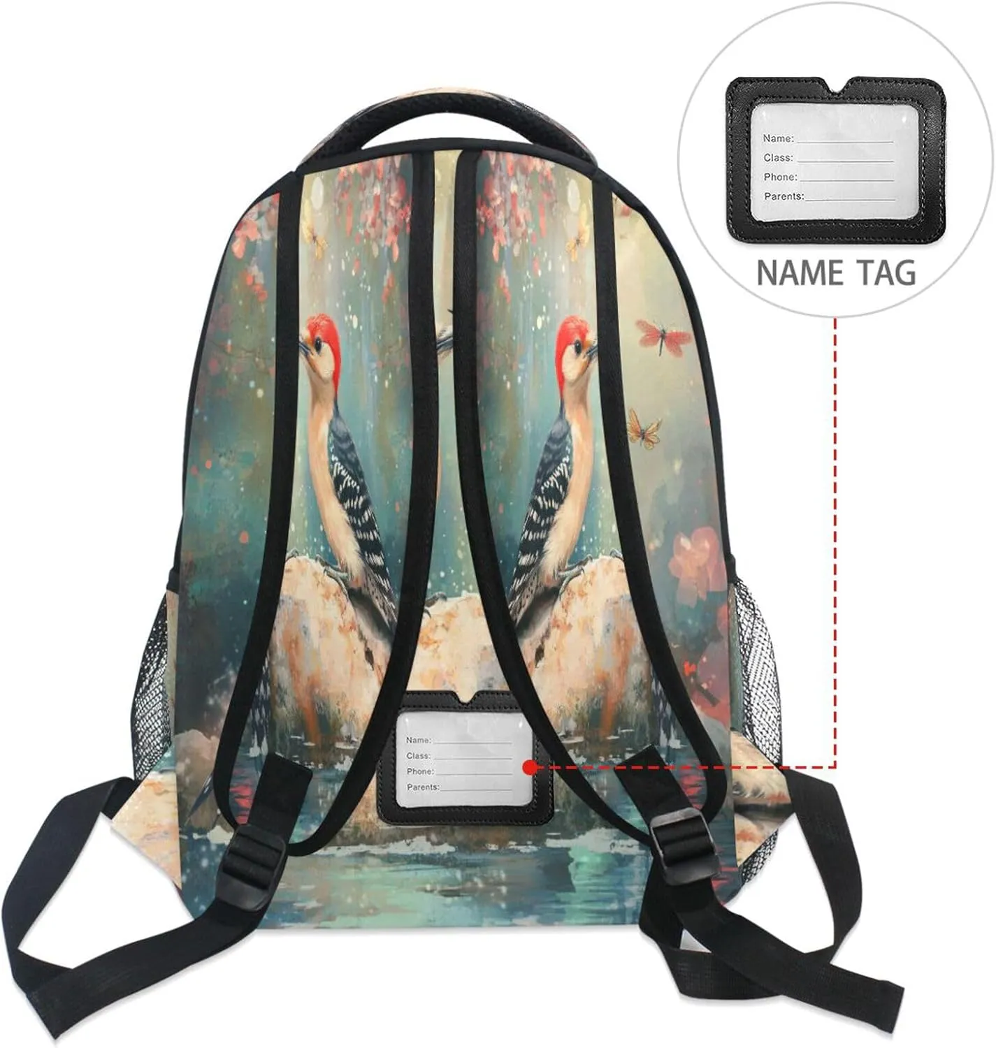 Cool Backpacks for Teenager Waterproof Laptop Bag with Chest Strap for Travel Trip Art Red - Bellied Woodpecker Birds A River