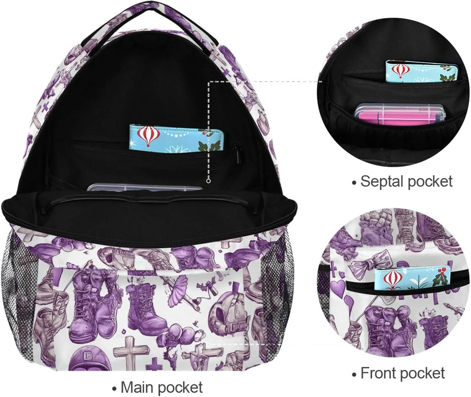 Cool Backpacks for Teens Boys Girls Waterproof Stylish Travel Bags with Chest Strap for Business Work College Travel Trip Purple Heart Day Muddy Army Shoes Helmets Crosses Flags