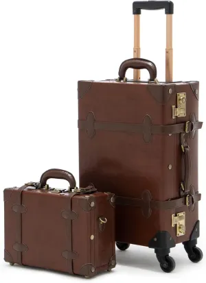 COTRUNKAGE Large Check In Vintage Luggage Set with Train Case, Caramel Brown, 2 Piece(13/24in), TSA-Approved