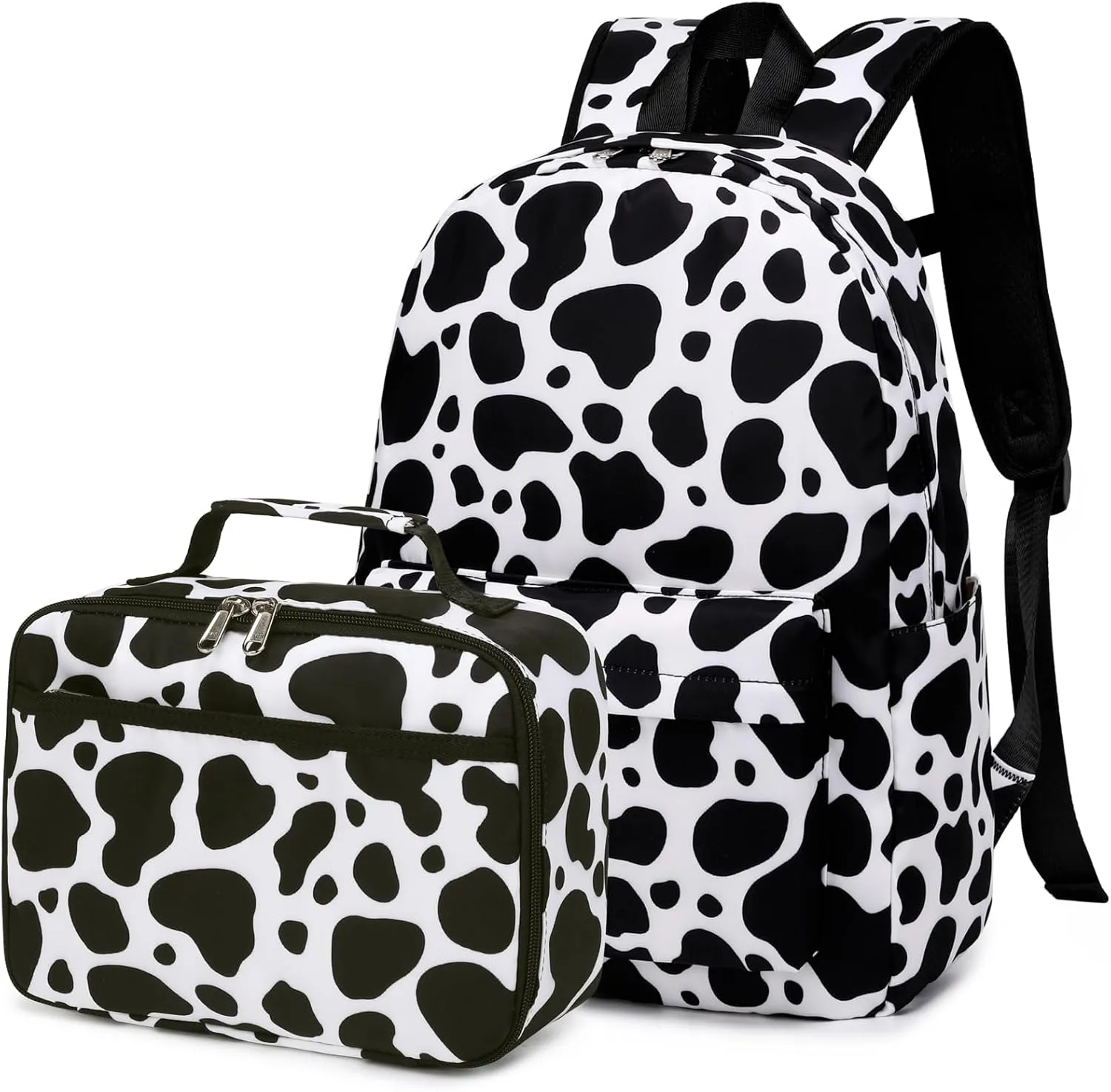 Cow Print Backpack for Girls - Preschool Kindergarten Bookbag with Lunch Box - Black White Cow Print