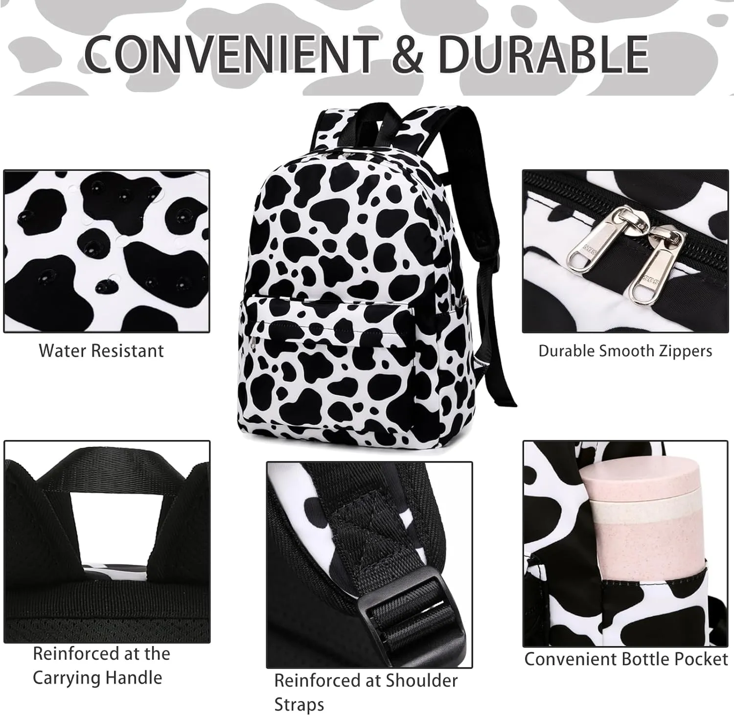 Cow Print Backpack for Girls - Preschool Kindergarten Bookbag with Lunch Box - Black White Cow Print