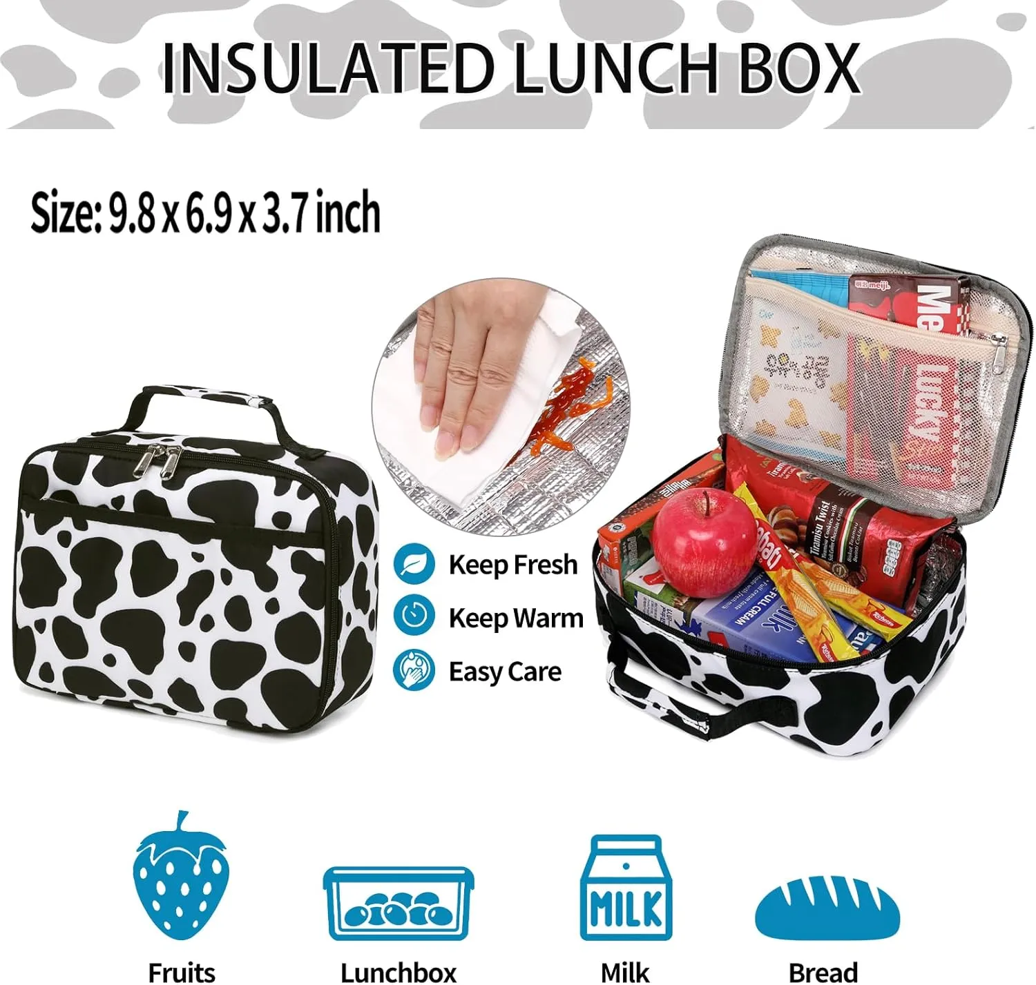 Cow Print Backpack for Girls - Preschool Kindergarten Bookbag with Lunch Box - Black White Cow Print
