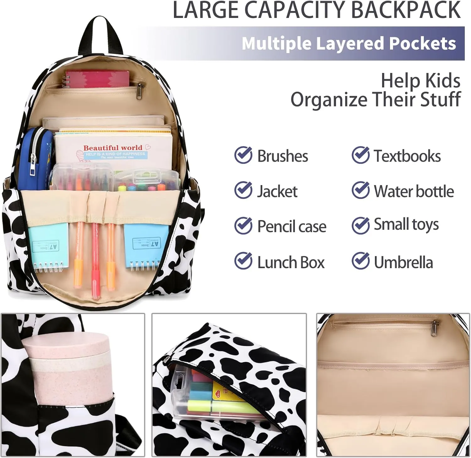 Cow Print Backpack for Girls - Preschool Kindergarten Bookbag with Lunch Box - Black White Cow Print
