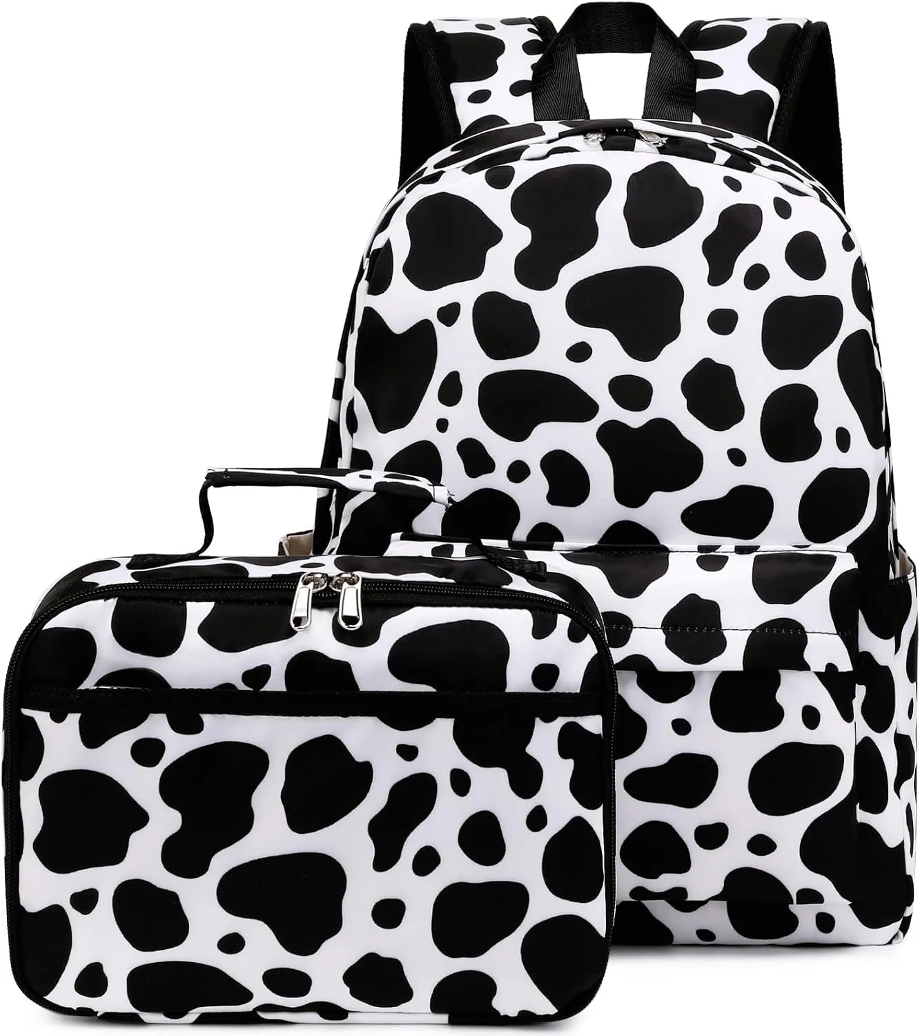Cow Print Backpack for Girls - Preschool Kindergarten Bookbag with Lunch Box - Black White Cow Print
