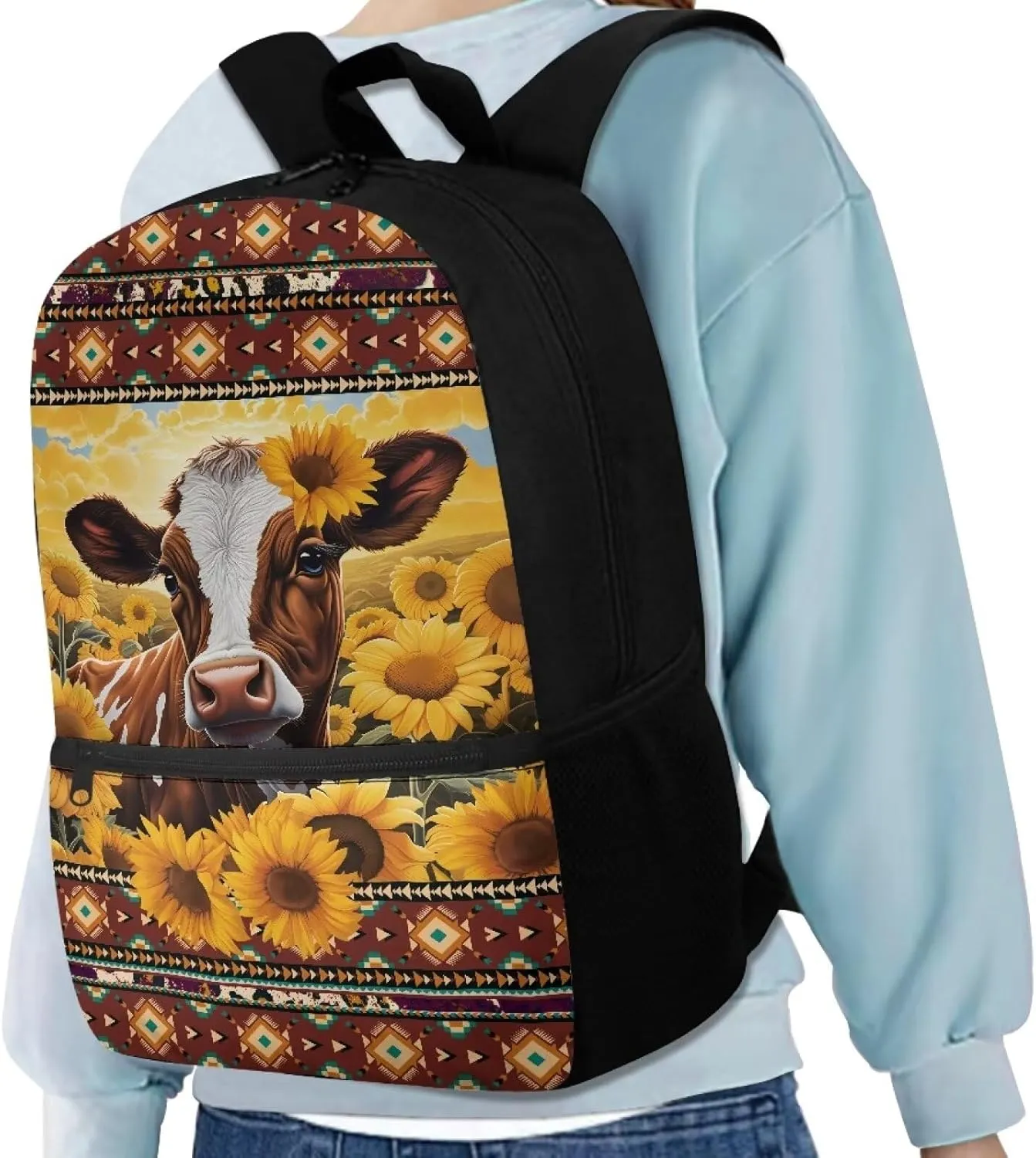 Cow Sunflowers Backpacks for Teen Girls High School Large Capacity Schoolbag 14-16 Kids Large Book Bags Student Hiking Camping Bookbag Aztec 17 Inch Travel Duffel Bags Laptop Backpacks