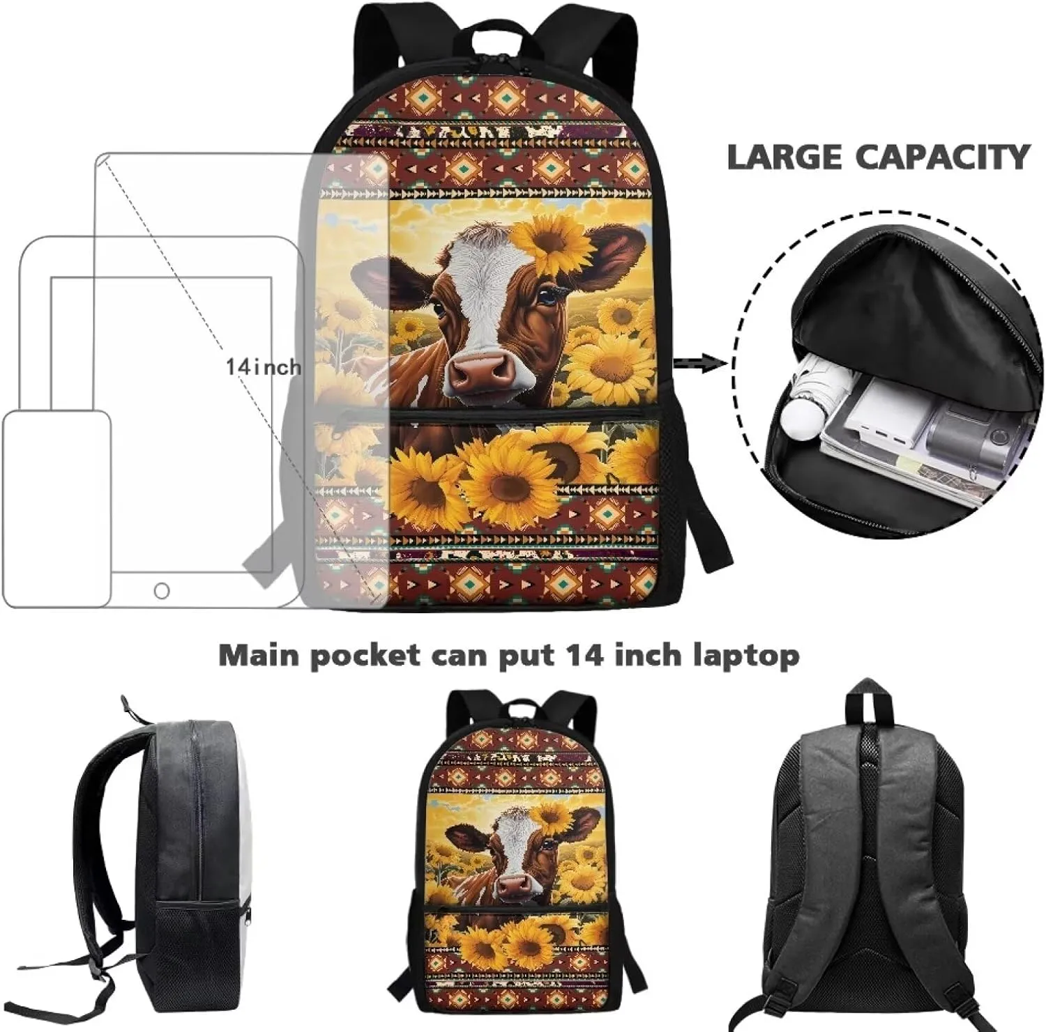 Cow Sunflowers Backpacks for Teen Girls High School Large Capacity Schoolbag 14-16 Kids Large Book Bags Student Hiking Camping Bookbag Aztec 17 Inch Travel Duffel Bags Laptop Backpacks