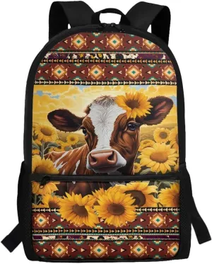 Cow Sunflowers Backpacks for Teen Girls High School Large Capacity Schoolbag 14-16 Kids Large Book Bags Student Hiking Camping Bookbag Aztec 17 Inch Travel Duffel Bags Laptop Backpacks