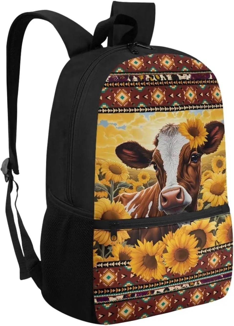 Cow Sunflowers Backpacks for Teen Girls High School Large Capacity Schoolbag 14-16 Kids Large Book Bags Student Hiking Camping Bookbag Aztec 17 Inch Travel Duffel Bags Laptop Backpacks