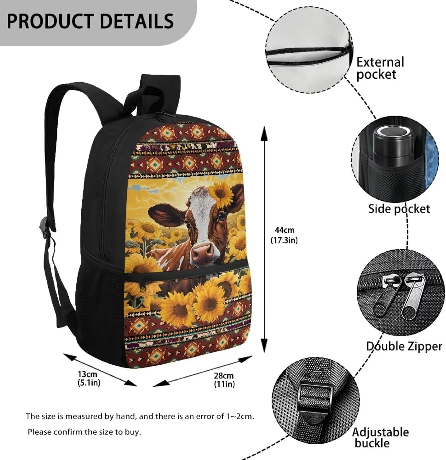 Cow Sunflowers Backpacks for Teen Girls High School Large Capacity Schoolbag 14-16 Kids Large Book Bags Student Hiking Camping Bookbag Aztec 17 Inch Travel Duffel Bags Laptop Backpacks