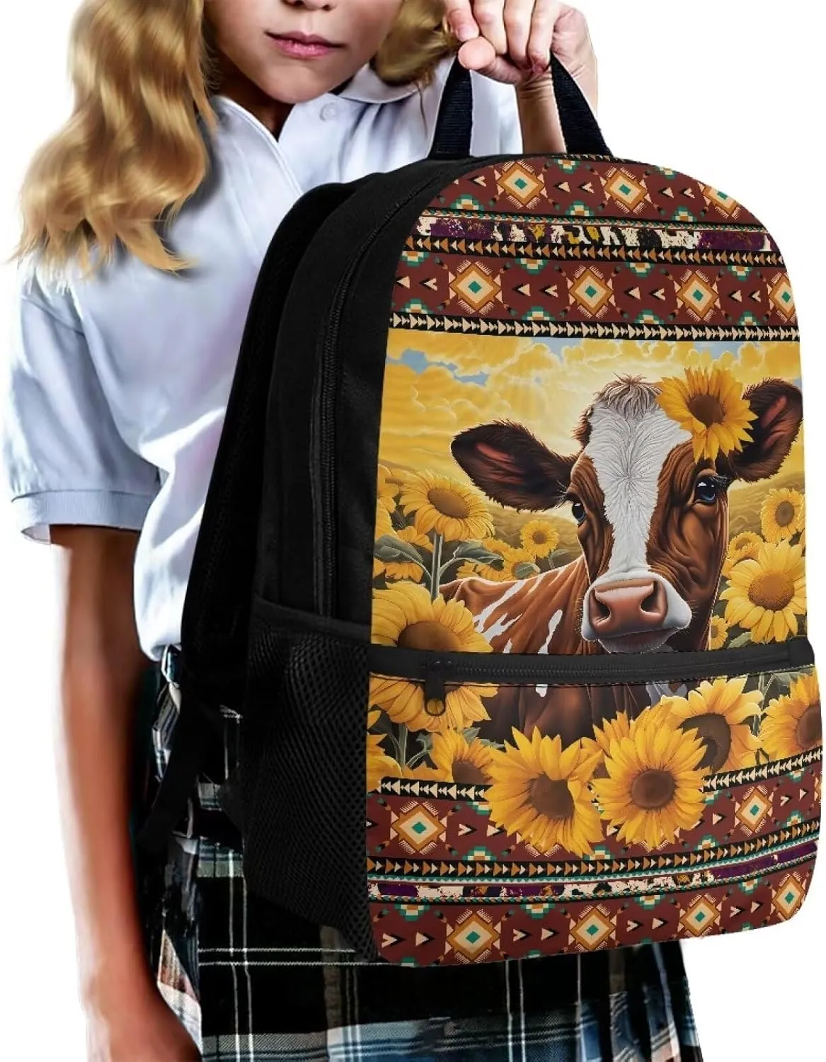 Cow Sunflowers Backpacks for Teen Girls High School Large Capacity Schoolbag 14-16 Kids Large Book Bags Student Hiking Camping Bookbag Aztec 17 Inch Travel Duffel Bags Laptop Backpacks