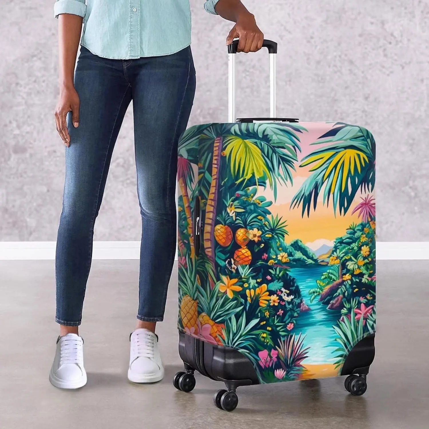 Cozeyat Beach Theme Tropical Palm Tree Luggage Cover Elastic Washable Stretch Suitcase Protector Anti-Scratch Travel Suitcase Cover for Kid and Adult M (22-24 Inch Suitcase)