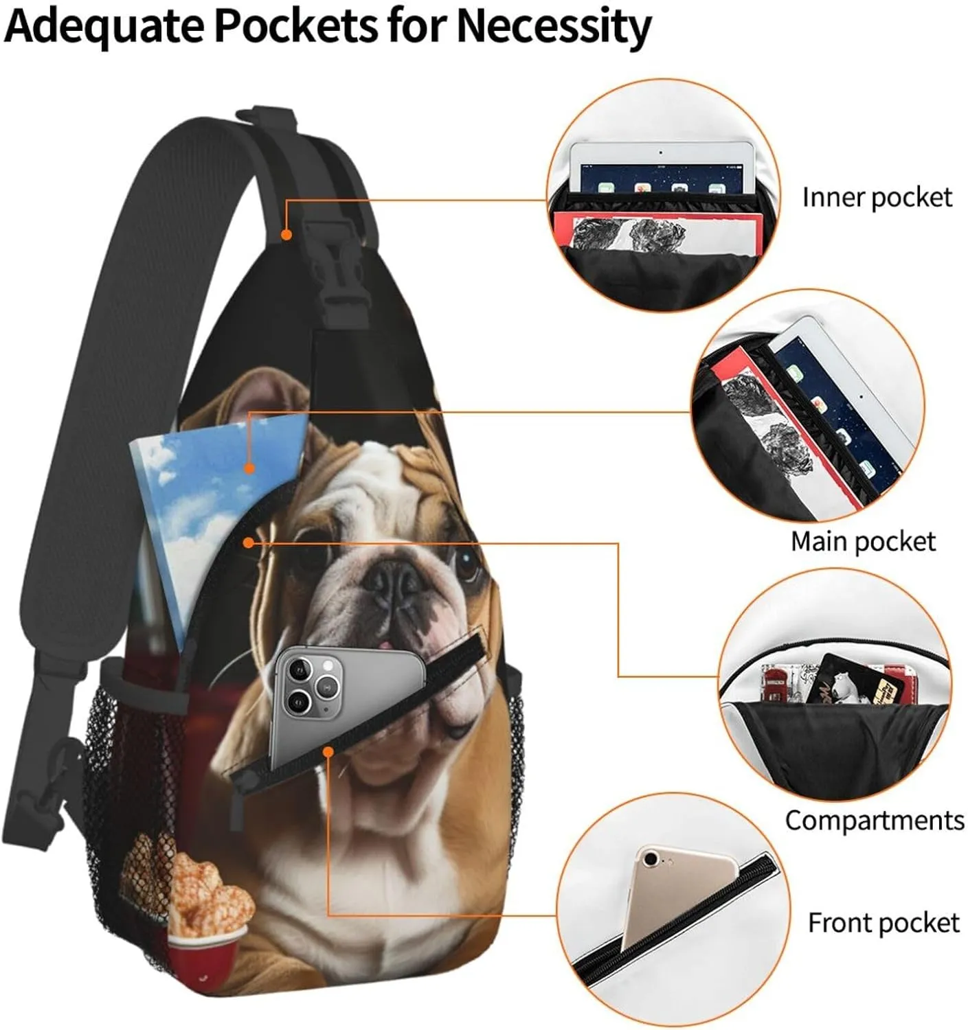 Crossbody Sling Backpack Sling Bag For Men Women Cross Chest Bag Shoulder Bag Bulldog Popcorn Travel Hiking Daypack