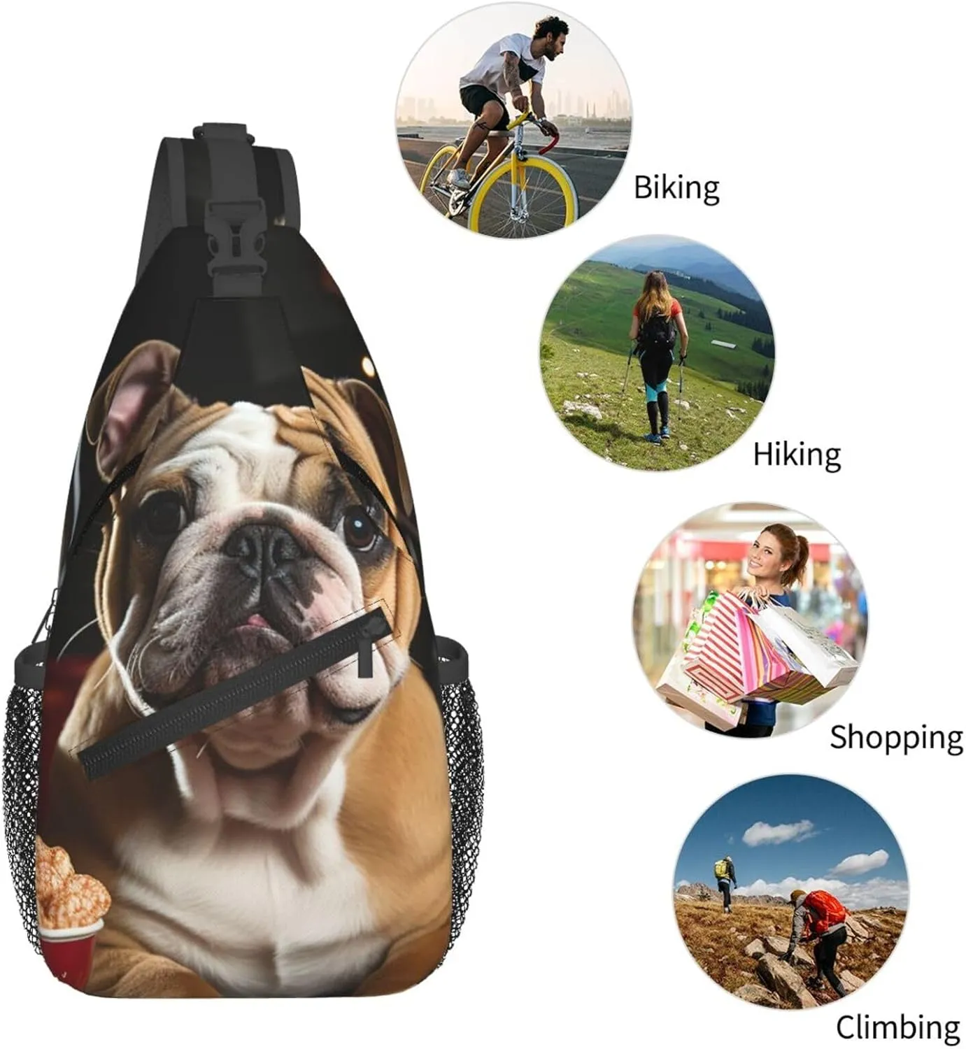 Crossbody Sling Backpack Sling Bag For Men Women Cross Chest Bag Shoulder Bag Bulldog Popcorn Travel Hiking Daypack