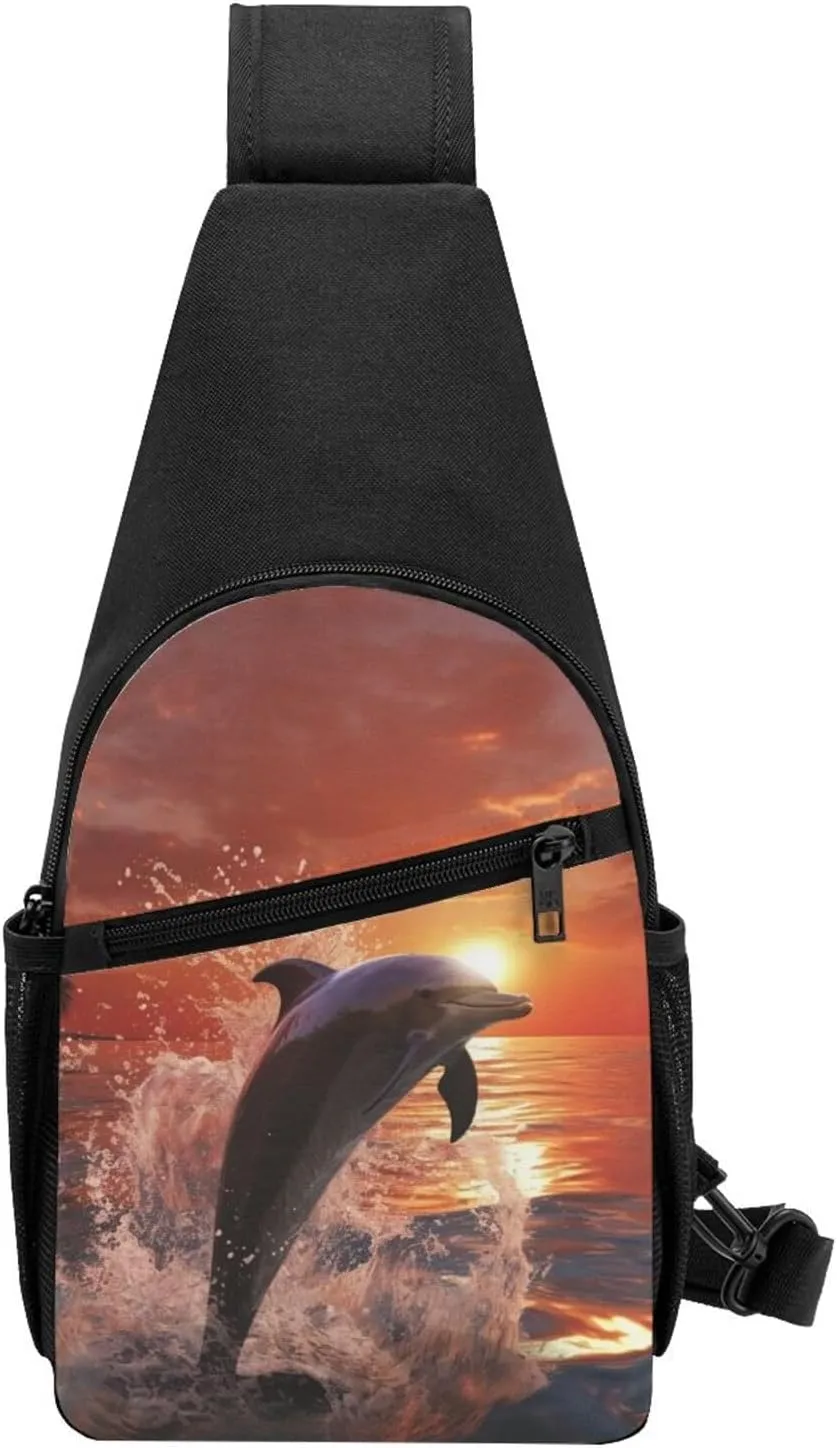 Crossbody Sling Backpack Sling Bag for Men Women Cross Chest Bag Shoulder Bag Dolphin jumping in water Travel Hiking Daypack