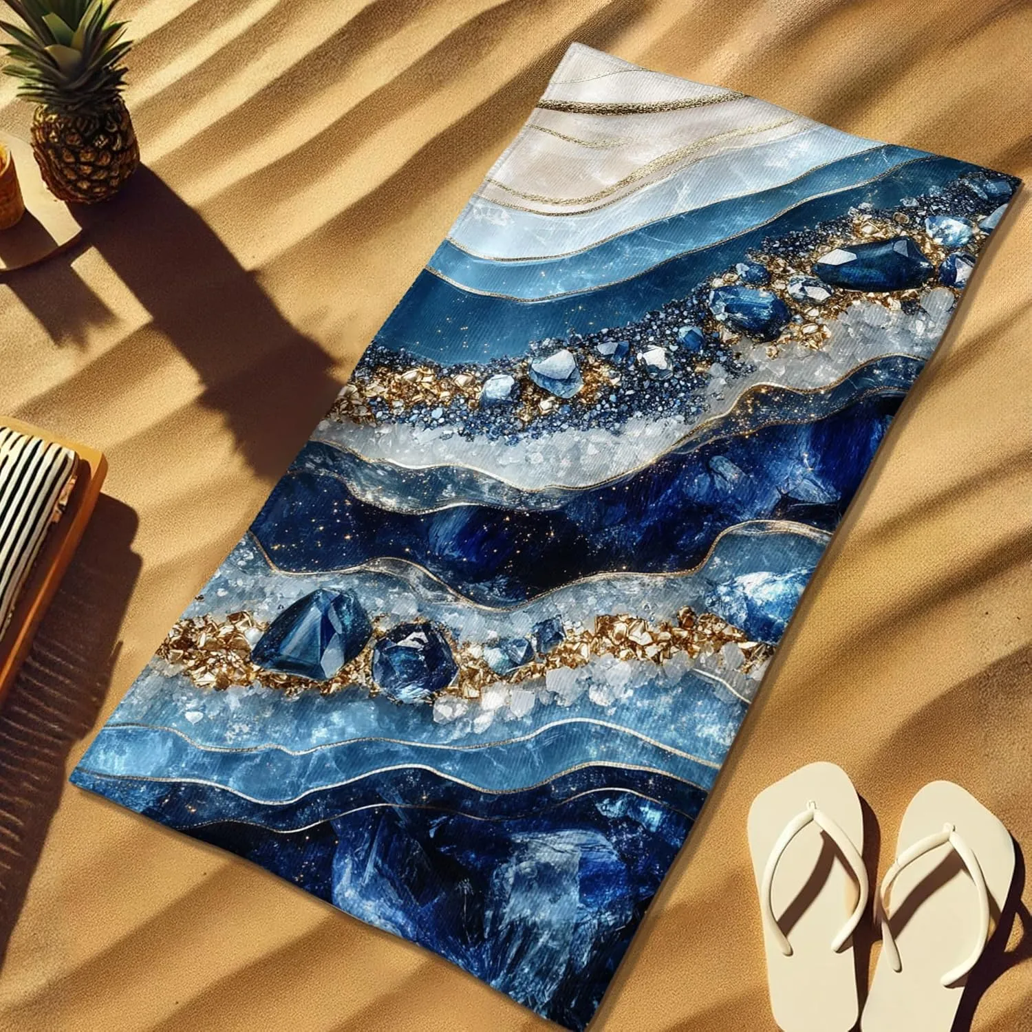 Crystal Blue Geode Beach Towel Extra Soft Microfiber Quick Dry Sand Free Lightweight Blanket, Beach Pool Picnic Essentials, Travel Camping Stylish 62x31 Inch