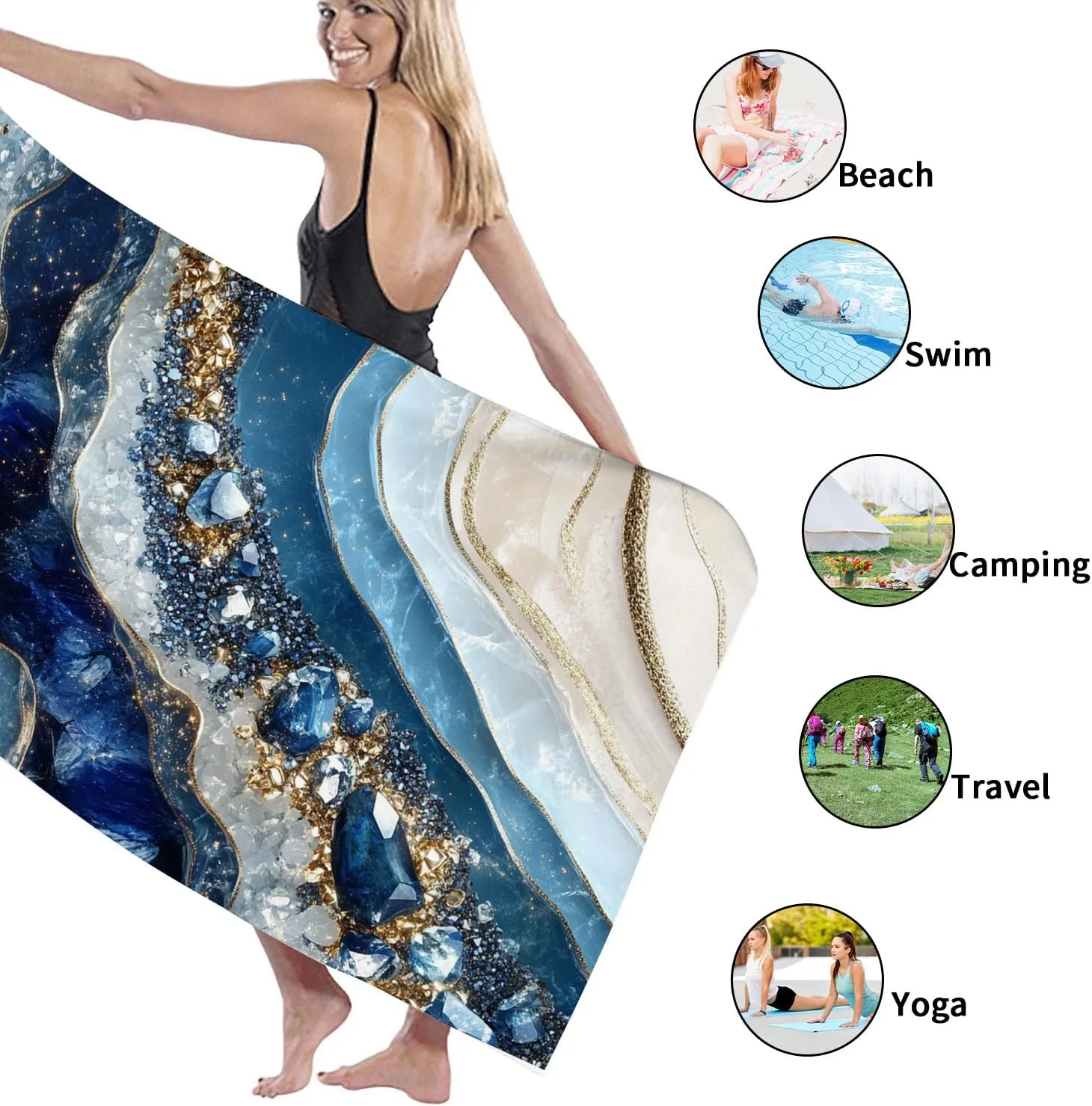 Crystal Blue Geode Beach Towel Extra Soft Microfiber Quick Dry Sand Free Lightweight Blanket, Beach Pool Picnic Essentials, Travel Camping Stylish 62x31 Inch