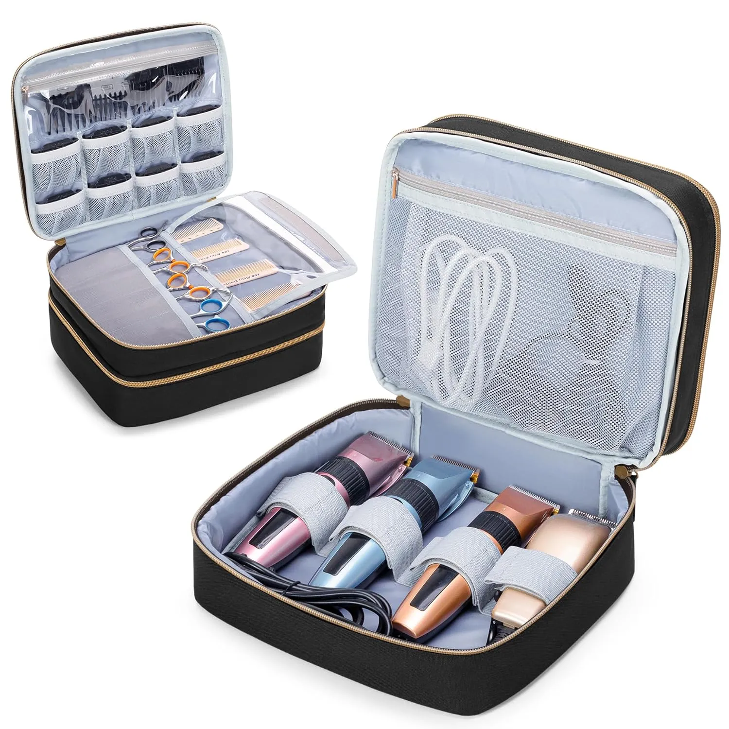 CURMIO Double Layer Hair Clipper Travel Carrying Case, Barber Supplies Organizer Storage Bag Compatible with Ufree/Wahl/Andis/Hatteker/Osterpro and Most Standard Hair Trimmer, Men Grooming Kit