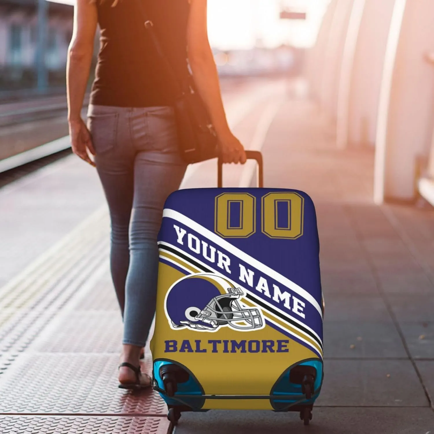 Custom Luggage Cover, Personalized Baltimore Suitcase Cover for Vacation Travel, Design Your Name and Number Washable Elastic Luggage Protector Gifts for Men Women Fans