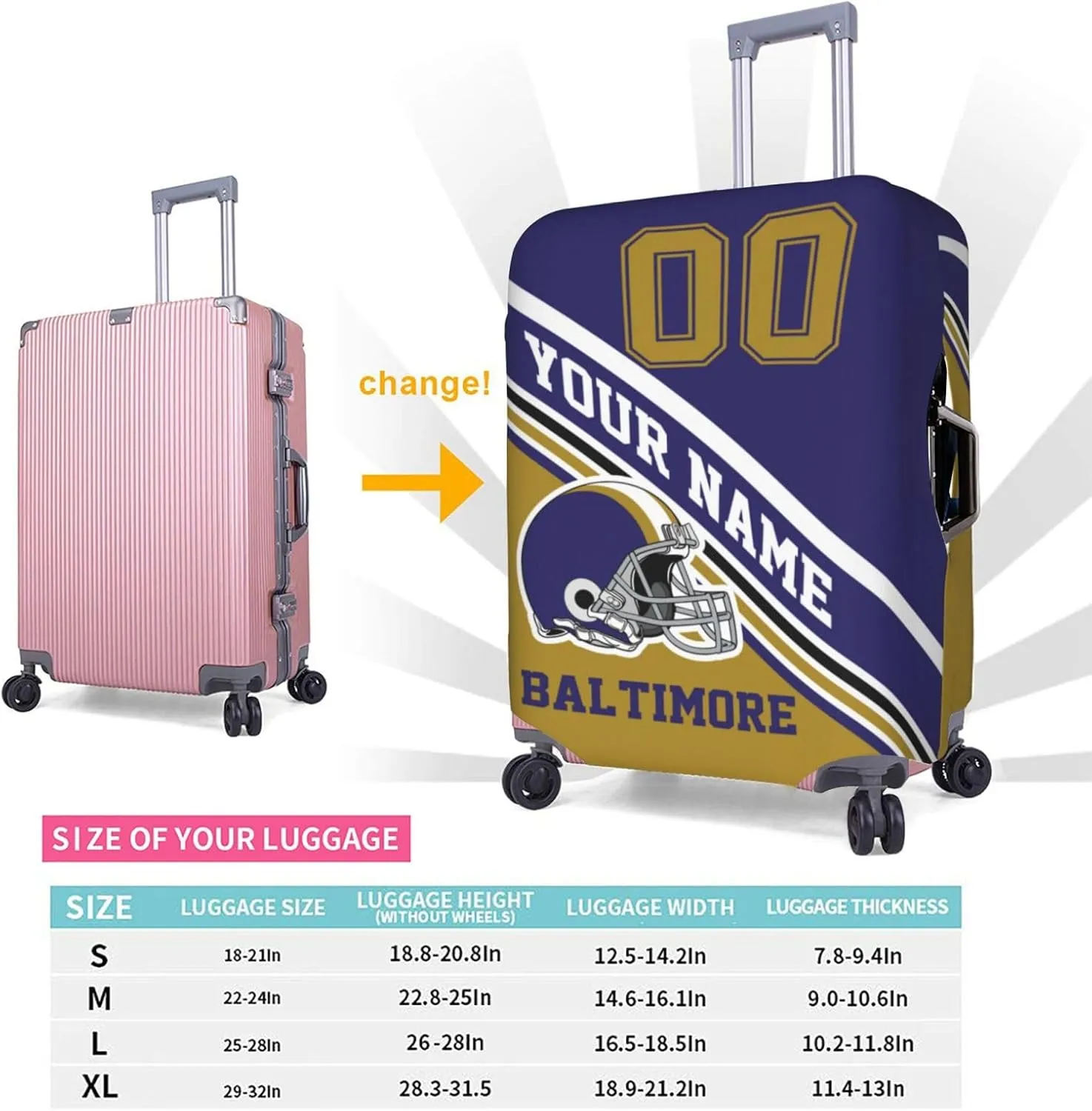 Custom Luggage Cover, Personalized Baltimore Suitcase Cover for Vacation Travel, Design Your Name and Number Washable Elastic Luggage Protector Gifts for Men Women Fans