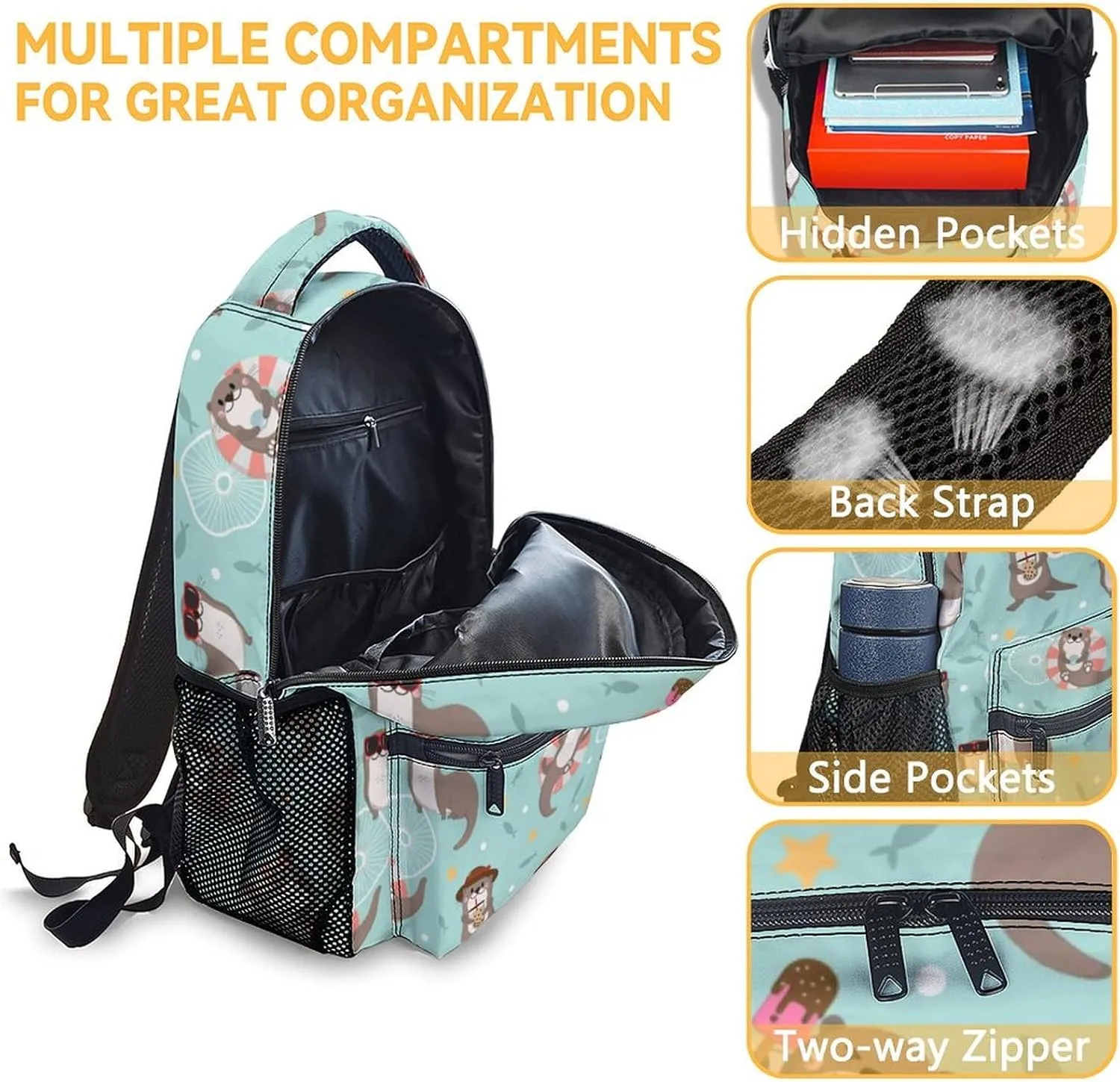 Custom Otter Backpack for Boys, 16 Inch Green Backpacks for School, Cute Lightweight Bookbag for Kids