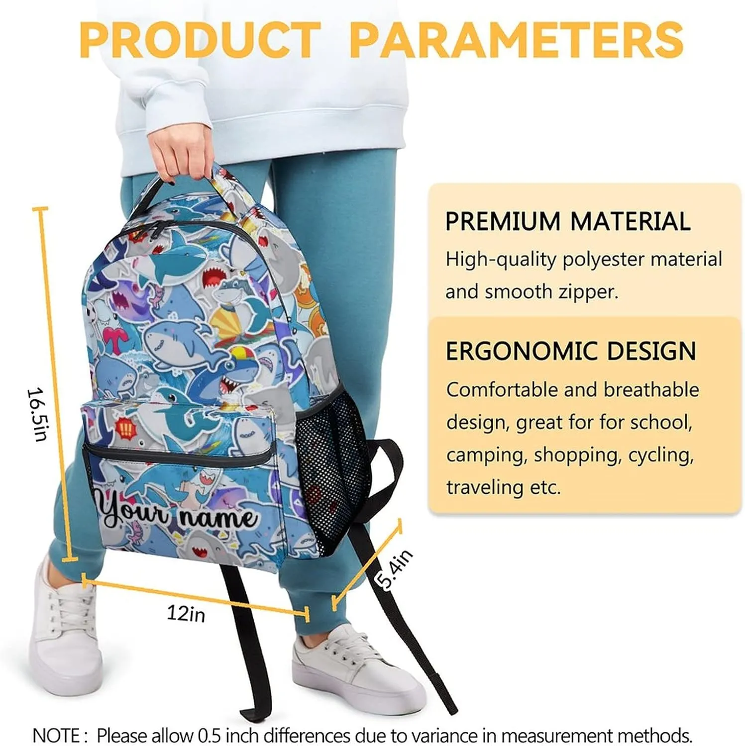 Custom Shark Backpack for Girls Boys - 16 Inch Colorful Backpacks for School - Cute Lightweight Durable Bookbag for Kids